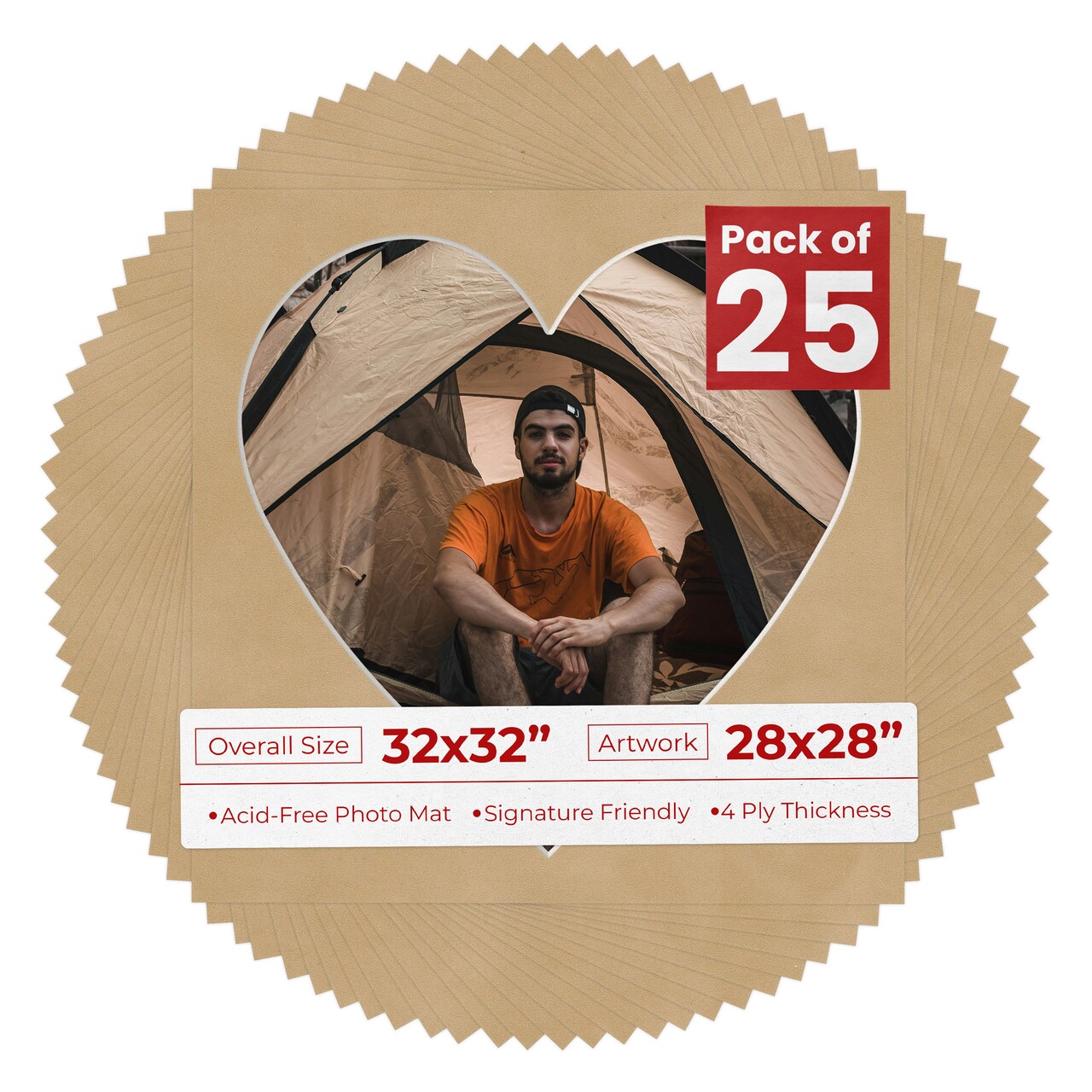Beige Suede Mat Board for 32x32 Frames - Heart Opening for 28x28 Photos